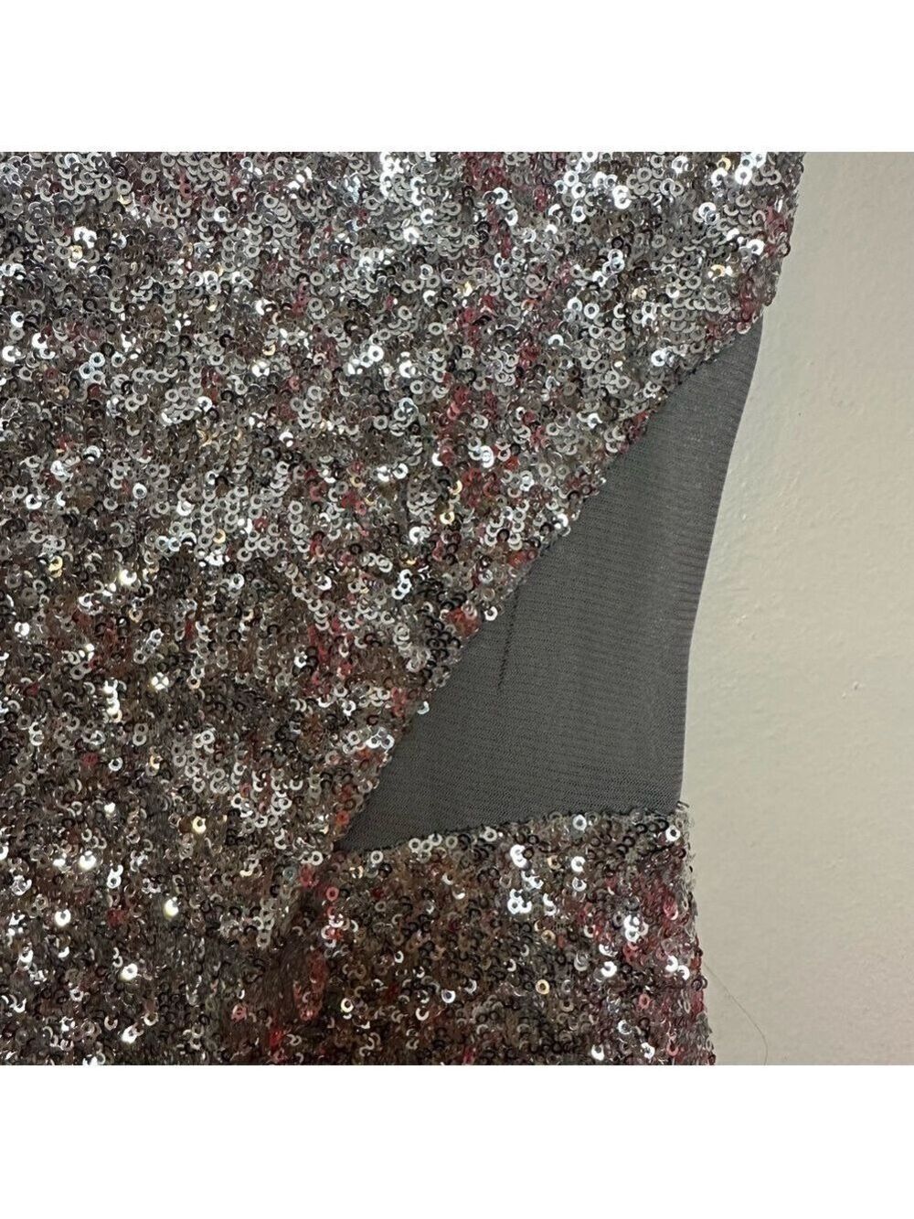 Bebe Silver Sequin Bodycon Sleeveless Mini Dress with Mesh Cutouts - Picture 14 of 14